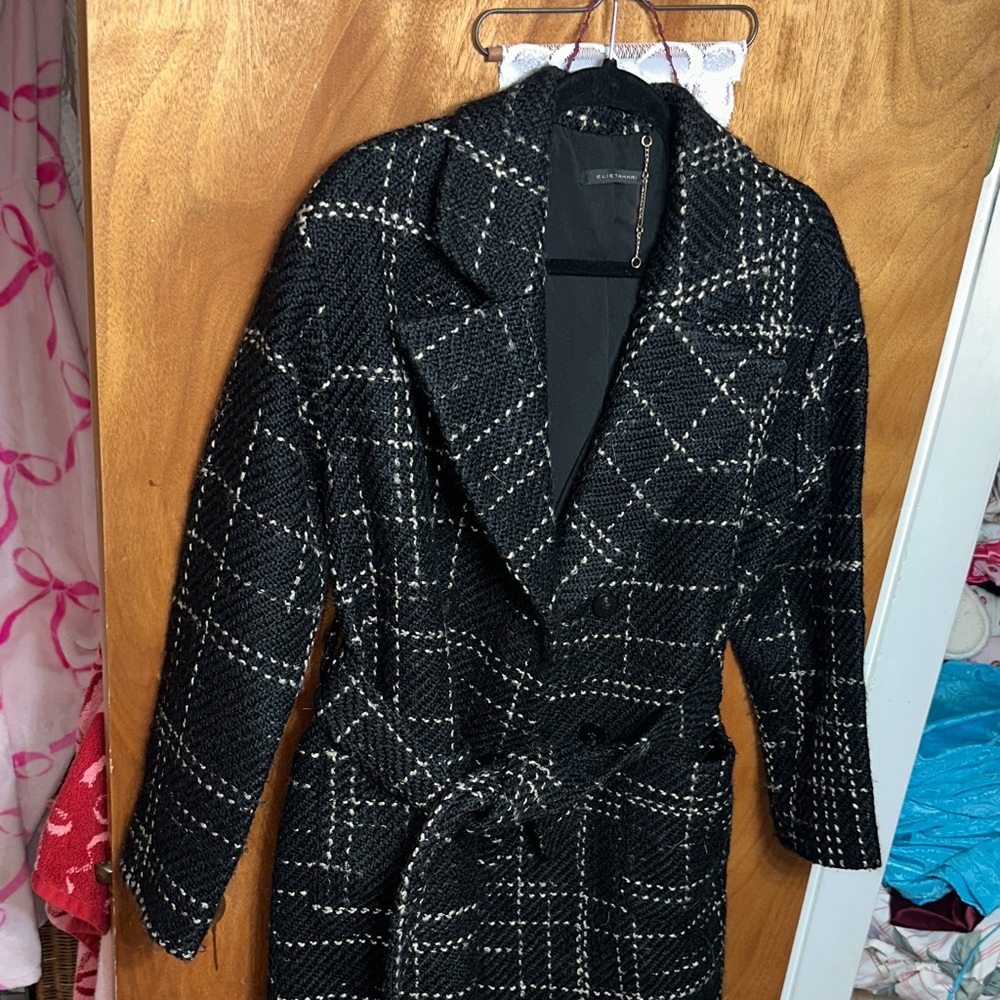 Elie Tahari Black and White Checkered Trench Coat